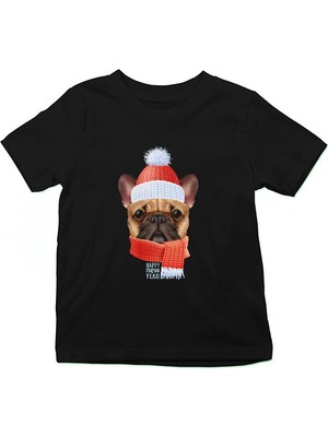Darkhane Yeni Yıl Buldog Siyah Unisex Çocuk Tişört T-Shirt