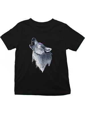 Darkhane Uluyan Sibirya Kurdu Husky Haski Siyah Unisex Çocuk Tişört T-Shirt