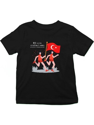 Darkhane 19 Mayıs Atatürk'ü Anma, Gençlik ve Spor Bayramı Siyah Unisex Çocuk Tişört T-Shirt
