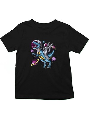 Darkhane T-Rex ve Astronot Siyah Unisex Çocuk Tişört T-Shirt