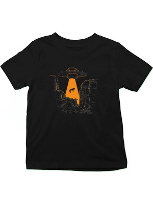 Darkhane Ufo ve Alien Siyah Unisex Çocuk Tişört T-Shirt