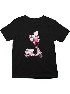 Darkhane Pembe Motosiklet Aşkı Siyah Unisex Çocuk Tişört T-Shirt