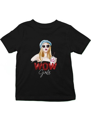 Darkhane Wow Girls Fashion Siyah Unisex Çocuk Tişört T-Shirt