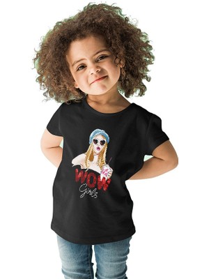 Darkhane Wow Girls Fashion Siyah Unisex Çocuk Tişört T-Shirt