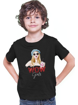 Darkhane Wow Girls Fashion Siyah Unisex Çocuk Tişört T-Shirt