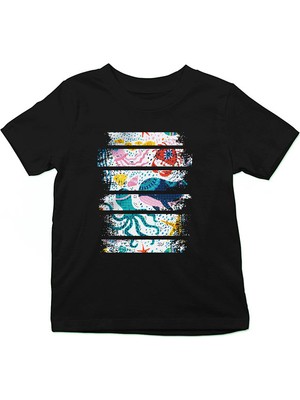 Darkhane Deniz Canlıları Siyah Unisex Çocuk Tişört T-Shirt