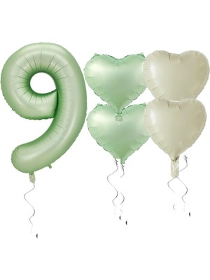 Rönesans Parti Su Yeşili Renk Rakam Kalp Folyo Balon Seti Yaş 9