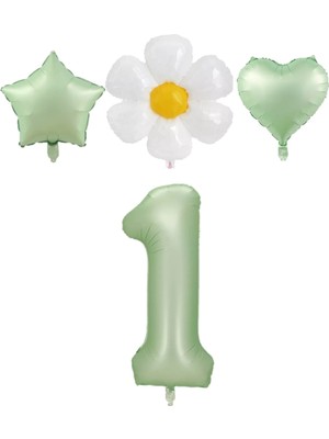 Rönesans Parti 1 Yaş Su Yeşili Renk Rakam Yıldız Kalp ve Papatya Folyo Balon Seti
