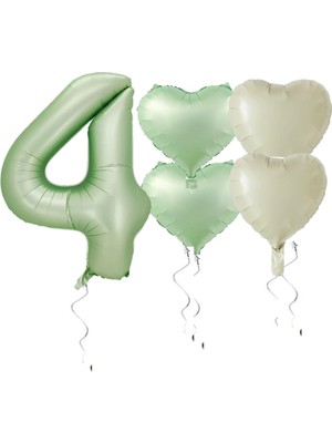 Rönesans Parti Su Yeşili Renk Rakam Kalp Folyo Balon Seti Yaş 4
