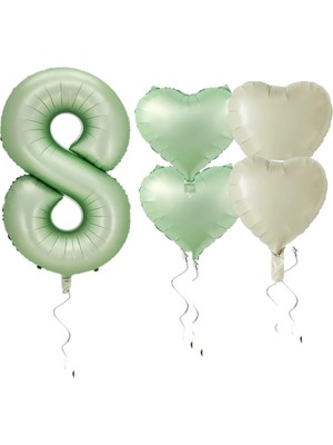 Rönesans Parti Su Yeşili Renk Rakam Kalp Folyo Balon Seti Yaş 8