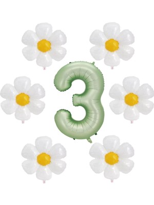 Bal10 Dünyası Su Yeşili Renk Rakam ve 6 Adet Papatya Folyo Balon Seti Yaş 3
