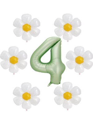Bal10 Dünyası Su Yeşili Renk Rakam ve 6 Adet Papatya Folyo Balon Seti Yaş 4