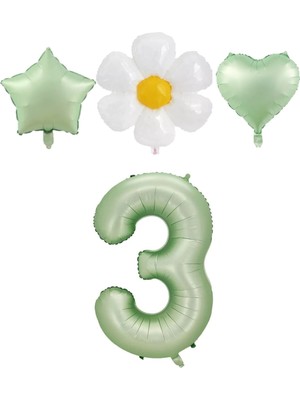 Bal10 Dünyası 3 Yaş Su Yeşili Renk Rakam Yıldız Kalp ve Papatya Folyo Balon Seti