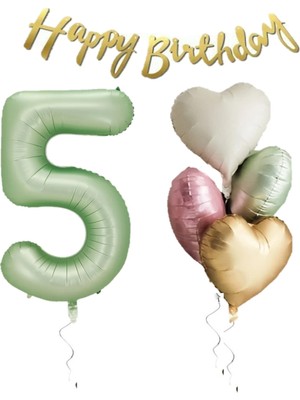 Su Yeşili Renk Rakam Kalp Balon Happy Bırthday Yazılı Doğum Günü Seti Yaş 5