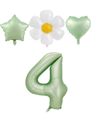 Bal10 Dünyası 4 Yaş Su Yeşili Renk Rakam Yıldız Kalp ve Papatya Folyo Balon Seti