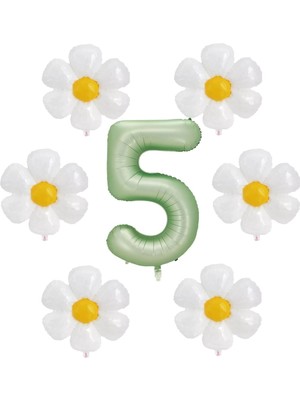Bal10 Dünyası Su Yeşili Renk Rakam ve 6 Adet Papatya Folyo Balon Seti Yaş 5
