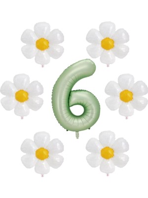 Bal10 Dünyası Su Yeşili Renk Rakam ve 6 Adet Papatya Folyo Balon Seti Yaş 6