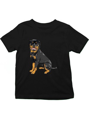 Darkhane Oturan Rottweiler Siyah Unisex Çocuk Tişört T-Shirt
