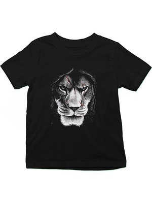 Darkhane Yaralı Yüzlü Aslan Siyah Unisex Çocuk Tişört T-Shirt