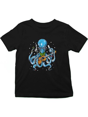 Darkhane Gitarist Ahtapot Siyah Unisex Çocuk Tişört T-Shirt