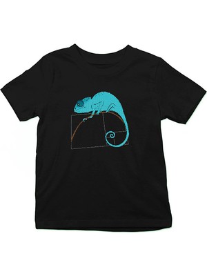 Darkhane Fibonacci Spirali Bukalemun Siyah Unisex Çocuk Tişört T-Shirt