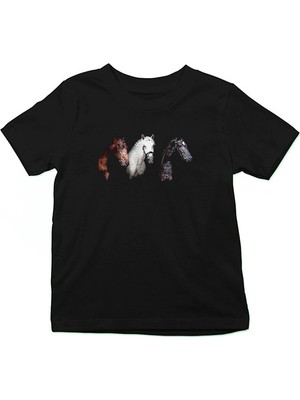 Darkhane Yeleli Atlar Siyah Unisex Çocuk Tişört T-Shirt