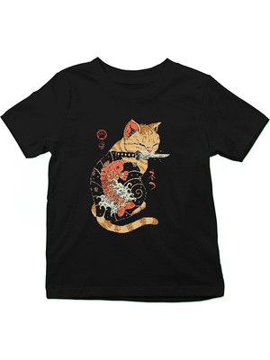 Darkhane Geyşa Kedi Siyah Unisex Çocuk Tişört T-Shirt