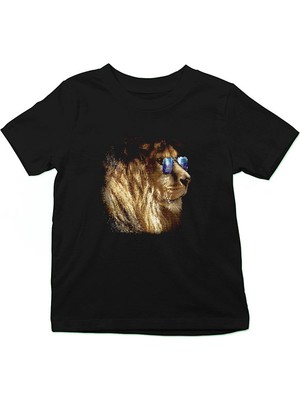 Darkhane Gözlüklü Aslan Siyah Unisex Çocuk Tişört T-Shirt