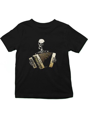 Darkhane Akordiyon Çalan Kurukafa Siyah Unisex Çocuk Tişört T-Shirt