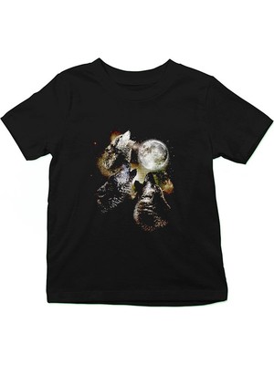 Darkhane Uluyan Kurtlar Siyah Unisex Çocuk Tişört T-Shirt