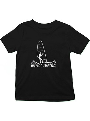 Darkhane Rüzgar Sörfü - Windsurf Siyah Unisex Çocuk Tişört T-Shirt