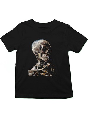 Darkhane Sigara Içen Kurukafa Siyah Unisex Çocuk Tişört T-Shirt
