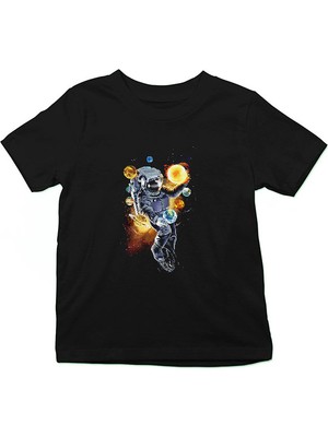 Darkhane Astronot Güneş Sistemi Siyah Unisex Çocuk Tişört T-Shirt