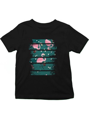 Darkhane Hindistan Cevizi ve Flamingo Siyah Unisex Çocuk Tişört T-Shirt