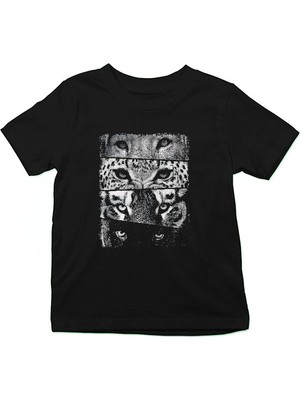 Darkhane Yırtıcı Kedi Bakışları Siyah Unisex Çocuk Tişört T-Shirt
