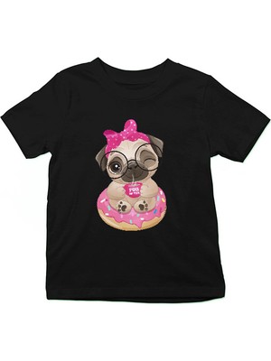 Darkhane Donut Üstünde Oturan Küçük Pug Siyah Unisex Çocuk Tişört T-Shirt