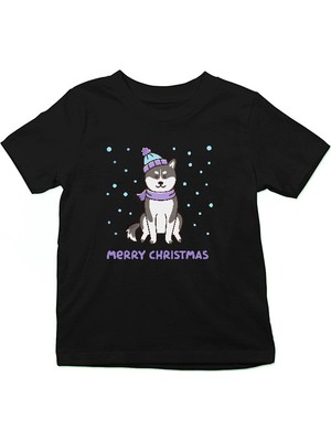 Darkhane Yılbaşı Sibirya Kurdu Husky Haski Siyah Unisex Çocuk Tişört T-Shirt