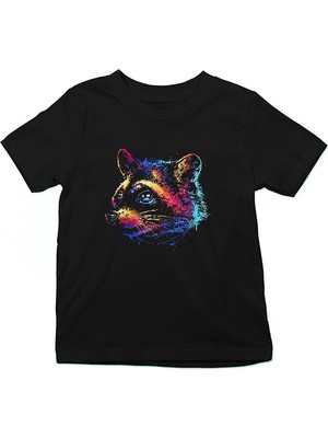 Darkhane Renkli Rakun Siyah Unisex Çocuk Tişört T-Shirt