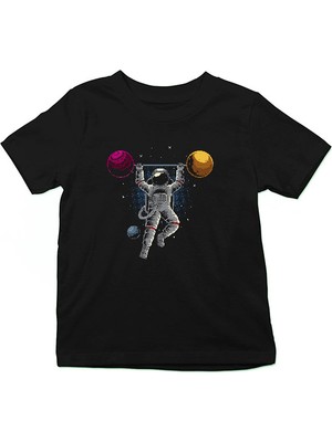 Darkhane Halterci Astronot Siyah Unisex Çocuk Tişört T-Shirt