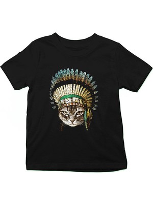 Darkhane Kızılderili Lideri Kedi Siyah Unisex Çocuk Tişört T-Shirt