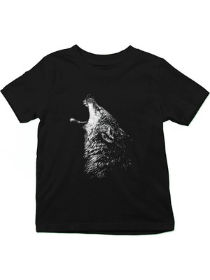 Darkhane Uluyan Kurt Siyah Unisex Çocuk Tişört T-Shirt