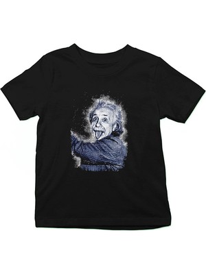 Darkhane Albert Einstein Dil Çıkaran Portre Siyah Unisex Çocuk Tişört T-Shirt