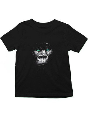 Darkhane Yeşil Gözlü Goril Siyah Unisex Çocuk Tişört T-Shirt