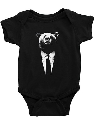 Darkhane Takım Elbiseli Ayı Siyah Unisex Bebek Body - Zıbın