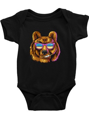 Darkhane Gözlüklü Karizmatik Ayı Siyah Unisex Bebek Body - Zıbın