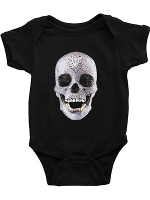Darkhane Pırlanta Taşlı Kurukafa  Siyah Unisex Bebek Body - Zıbın