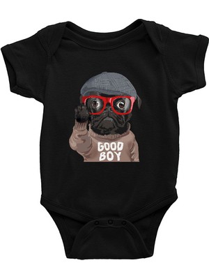 Darkhane Gözlüklü Kötü Pug Siyah Unisex Bebek Body - Zıbın