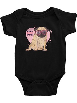 Darkhane Kalp Gözlüklü Pug Siyah Unisex Bebek Body - Zıbın
