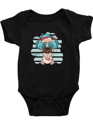 Darkhane Şirin Kulaklıklı Pug Siyah Unisex Bebek Body - Zıbın