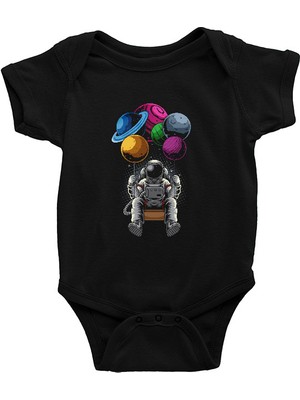 Darkhane Gezegenlerde Sallanan Astronot Siyah Unisex Bebek Body - Zıbın